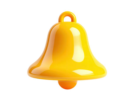 Shiny, yellow notification bell icon with a looping handle, isolated on black