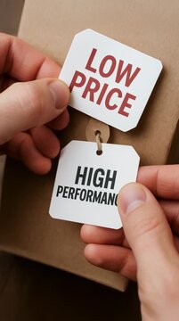 Low price and high performance tags held by hand on brown box and package represent quality and cost balance for smart shopping and purchase decisions