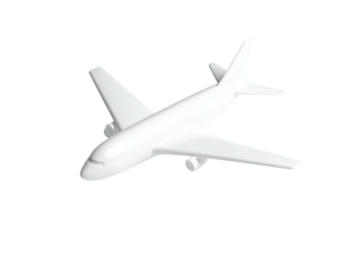 White, stylized airplane model isolated against a black background in 3D rendering