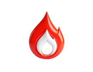 A stylized, glossy flame icon, rendered in red and white against black