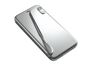 Silver-toned, modern smartphones are stacked on a black surface, angled shot