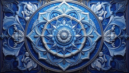 Obraz premium A detailed, ornate mandala design in shades of blue and silver, showcasing intricate, layered patterns.