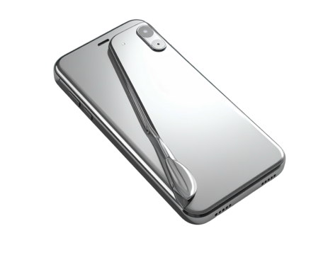 Silver-toned, modern smartphones are stacked on a black surface, angled shot