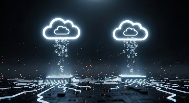 Stunning neon cloud icons rain digital documents onto illuminated circuit boards, symbolizing data transfer and cloud computing innovation. - Powered by Adobe