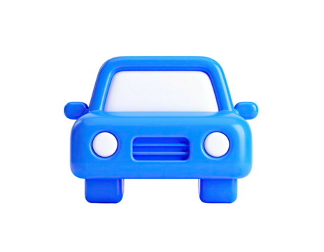 Front view of a simplified blue car with white windows and headlights, black background