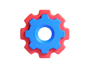 Red and blue gear icon rendered in 3D against a black background