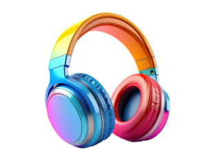 Colorful wireless headphones with earcups in vibrant gradient hues against black