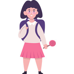 Young Girl With Backpack And Lollipop Wearing Pink Skirt And White Shirt Pink Heart Sunglasses Standing On Transparent Background