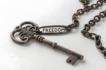 Vintage Key with Chain Symbolizing Freedom, Inspirational Concept of Liberation