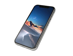 Angled smartphone displays landscape of snowy mountains, isolated on black