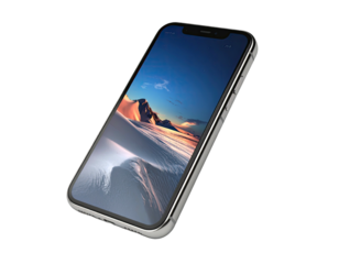 Angled smartphone displays landscape of snowy mountains, isolated on black