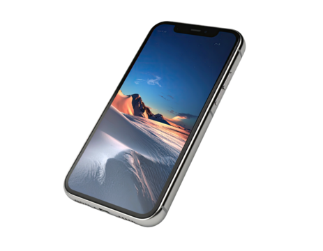 Angled smartphone displays landscape of snowy mountains, isolated on black