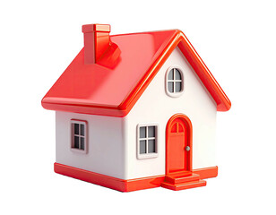 A charming, cartoonish house with a red roof and door, isolated on a white background