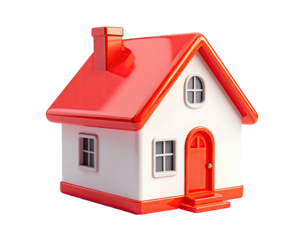 A charming, cartoonish house with a red roof and door, isolated on a white background