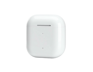 White, glossy, rounded charging case, small opening, set against a black background