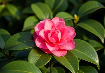 Vibrant Pink Camellia Blossom Amidst Lush Green Foliage.