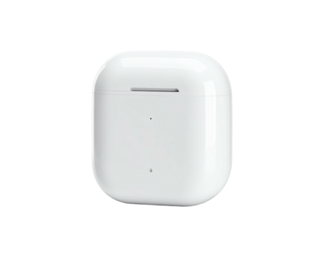 White, glossy, rounded charging case, small opening, set against a black background