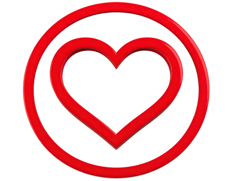 Red 3D heart symbol within a circle, on a black background