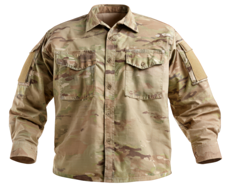 Military camouflage army combat shirt, tactical uniform jacket for soldier. Rugged protective clothing and apparel object isolated against clean transparency background