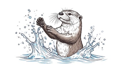 A playful river otter emerges from a splash of water, its paws reaching out, portrayed in a detailed line drawing style.