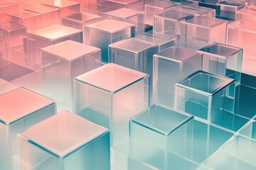 Obraz premium A geometric arrangement of translucent cubes in soft, pastel hues, creating a modern and abstract design.