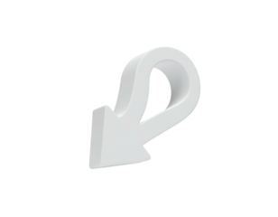 A 3D rendered white arrow, curling and pointing downwards, on black