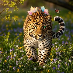 Leopard in a Meadow with Flowers and Butterfly.
