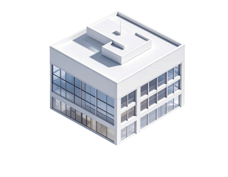 Isometric view of a modern, white building with large windows and a flat roof