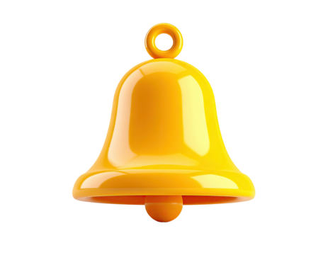 Shiny, golden bell with loop atop, viewed head-on, set against a stark black backdrop