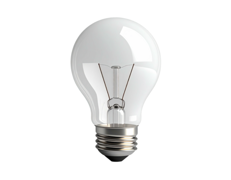 A traditional, clear incandescent light bulb, isolated against a black background