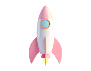 A 3D rendered cartoon rocket ship, pastel pink and white, with yellow flames