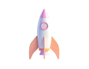 A 3D rendered rocketship with pastel colors on a black background