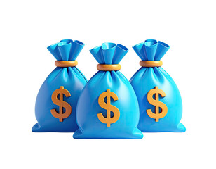 Three blue money bags with gold dollar symbols and drawstring closures