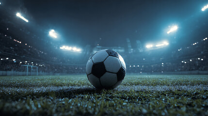 Soccer ball rests on dew-kissed grass under bright stadium lights at night, awaiting play. for now!!
