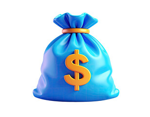 A 3D rendering of a bright blue money bag with a golden dollar sign