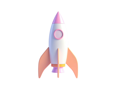 A 3D rendered rocketship with pastel colors on a black background
