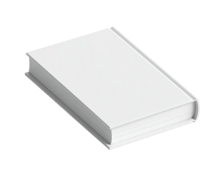 A close-up 3D rendering shows a closed white book with blank cover on black