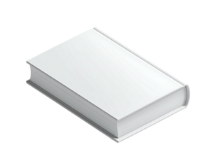 Isometric view of a closed book, white cover and pages, on a black background
