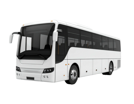 A large white coach bus with tinted windows, isolated on a black background