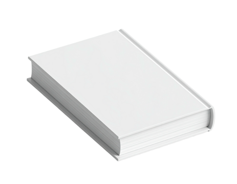 A close-up 3D rendering shows a closed white book with blank cover on black