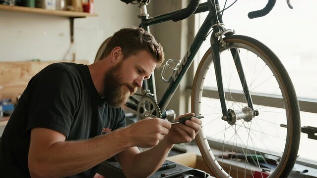 Man repairing bicycle in workshop using tools - Powered by Adobe