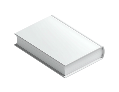 Isometric view of a closed book, white cover and pages, on a black background