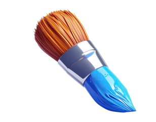A 3D rendered paintbrush, bristles orange, paint blue, against a black backdrop