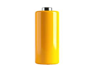 A single yellow cylindrical battery with silver top on a stark black background