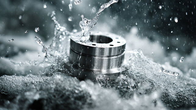 Close-up of white, gold, and silver CNC machining with water jet cutting, highlighting precision, innovation, industrial craftsmanship, and sustainable modern manufacturing.
