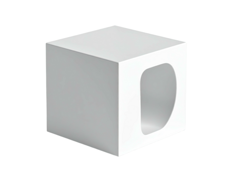 White cube with a curved rectangular hole cut out on one side, isolated on black