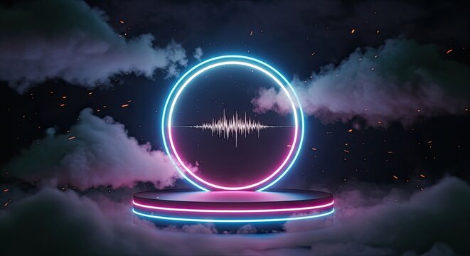 Dynamic neon sound wave pulsates within a glowing circle on a smoky futuristic stage, symbolizing audio innovation and digital soundscapes.