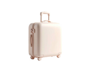 Digitally rendered, pale pink rolling suitcase with extendable handle on black background
