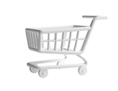 A 3D rendered shopping cart, white against a black background, shadow effect
