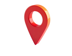 Glossy, 3D rendered red location pin floating on a black background